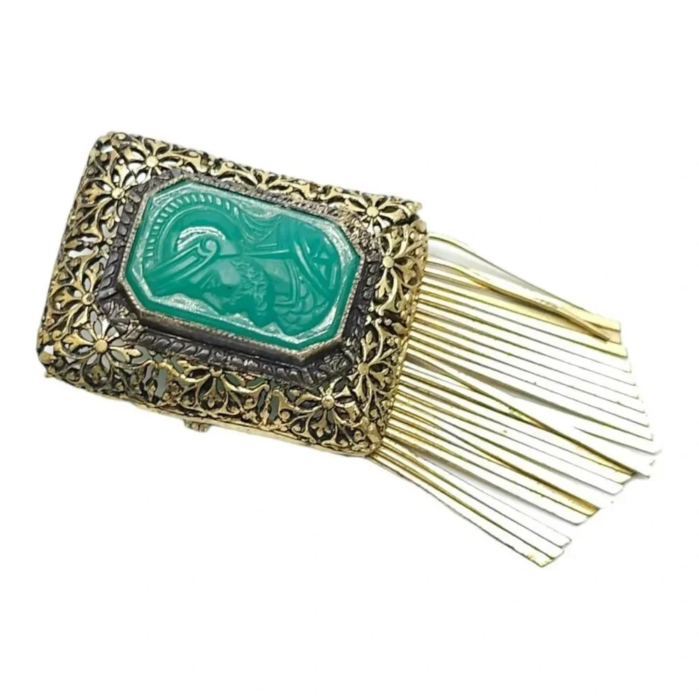 Green Glass Roman Soldier Art Deco Carved Fringe Brooch Pin Gold Tone Vintage